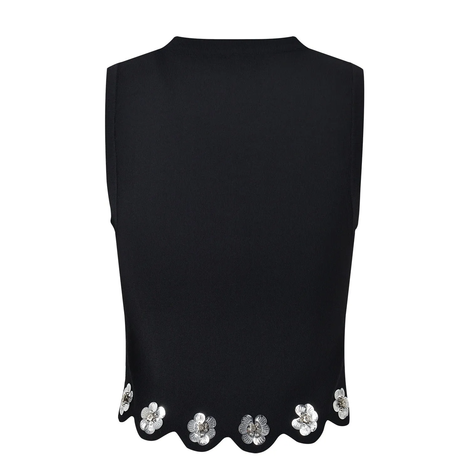 Pre Order:  Black Sequin Flower Sleeveless Knitted Tank Top   Skirt