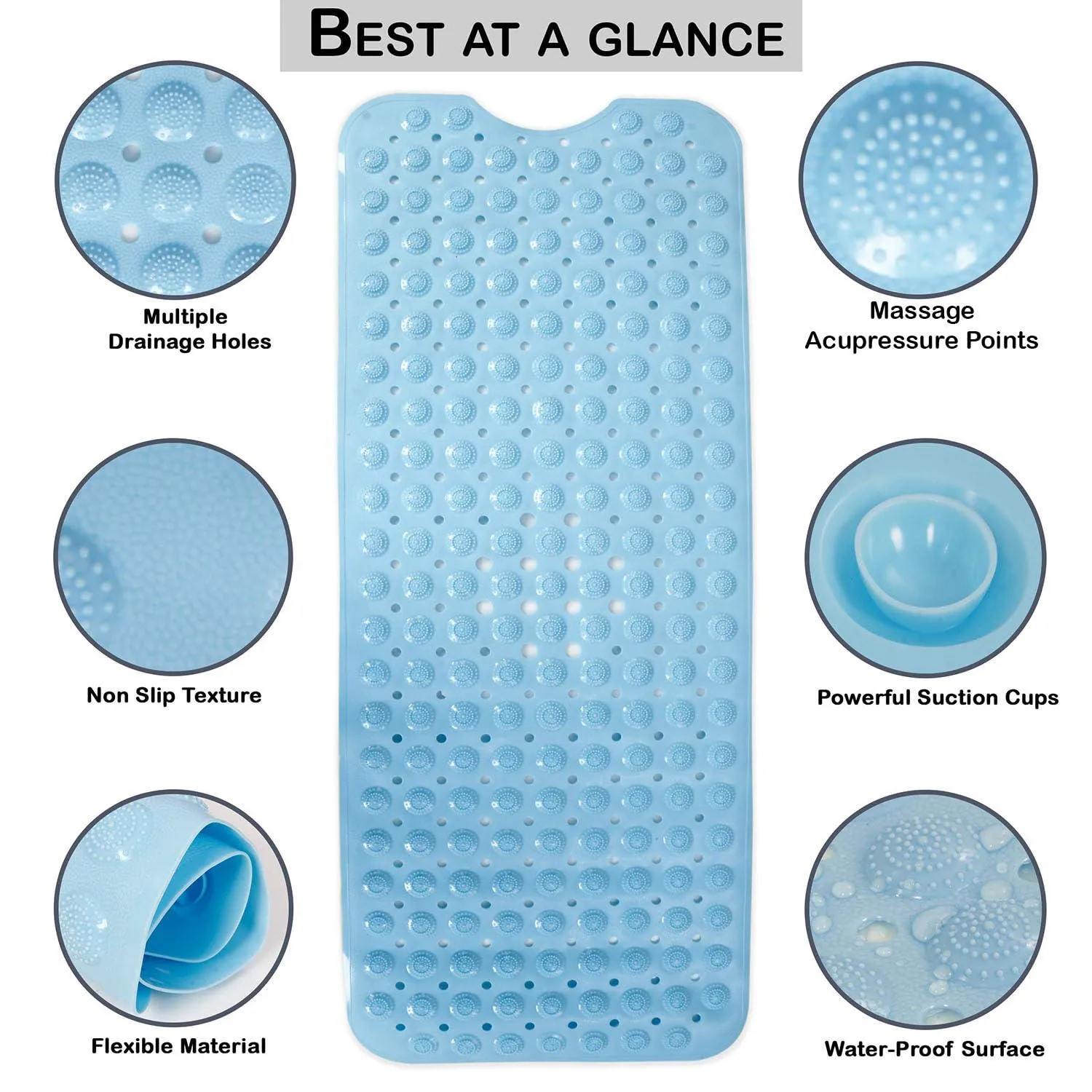 PVC Shower Mat Anti-Slip with Massage Acupressure Points, 40x100 cm, Blue