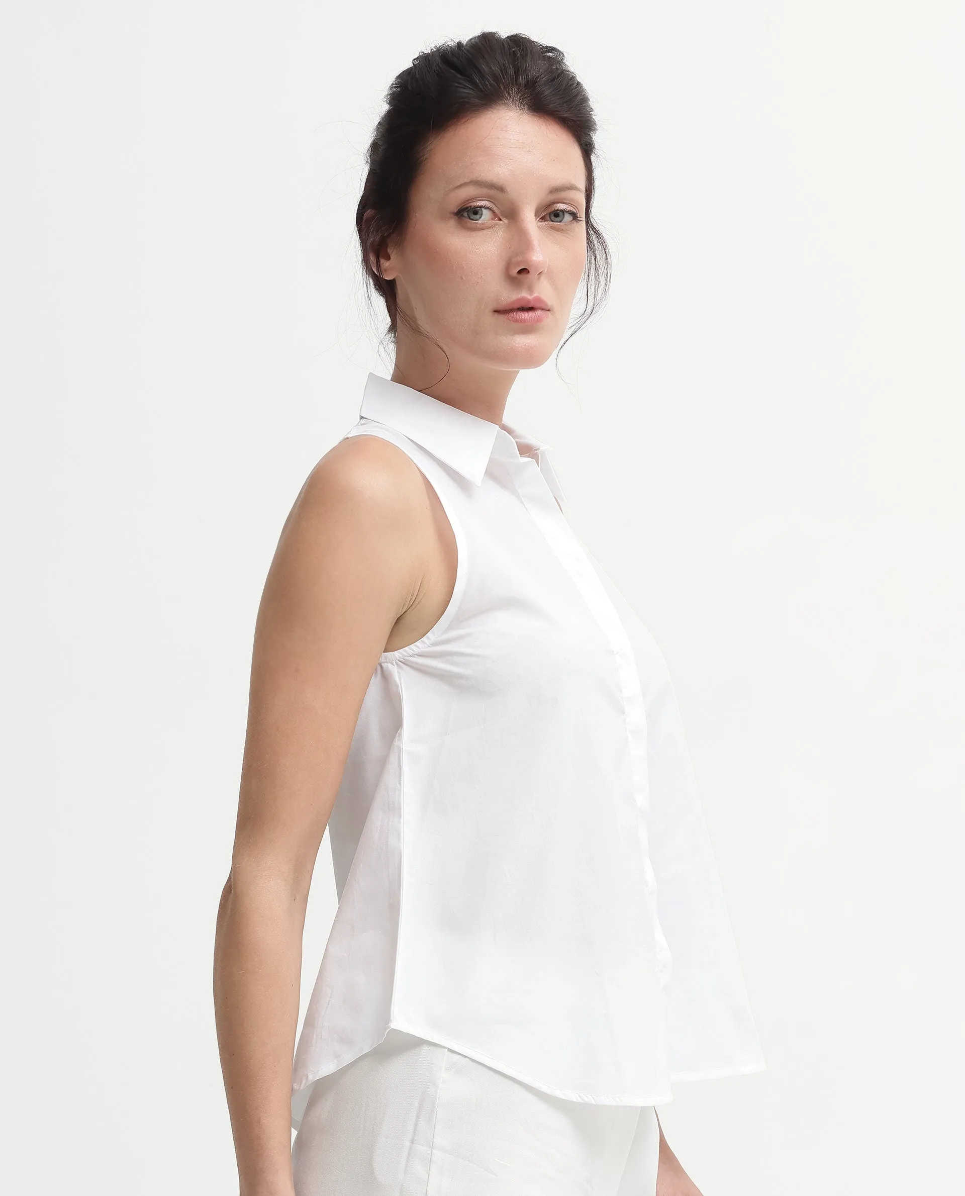 Rareism Women Thebe White Cotton Fabric Sleeveless Collared Neck Button Closure Solid Regular Fit Top