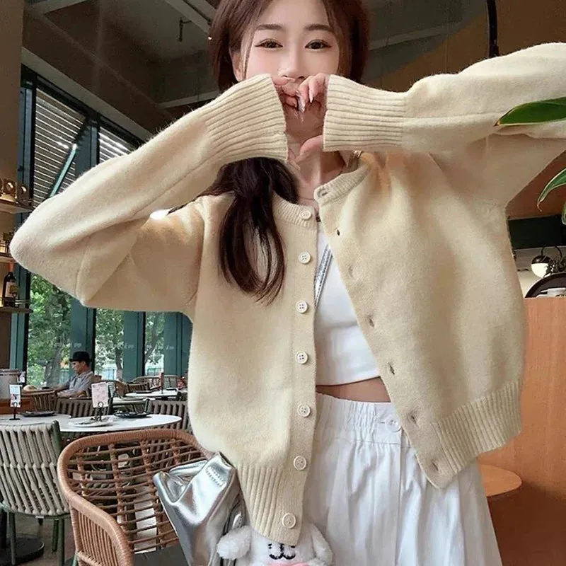 Rimocy Candy Colors Knitting Cardigan Women Korean Fashion Long Sleeve Round Neck Sweater Coat Woman Solid Color Chic Cardigans