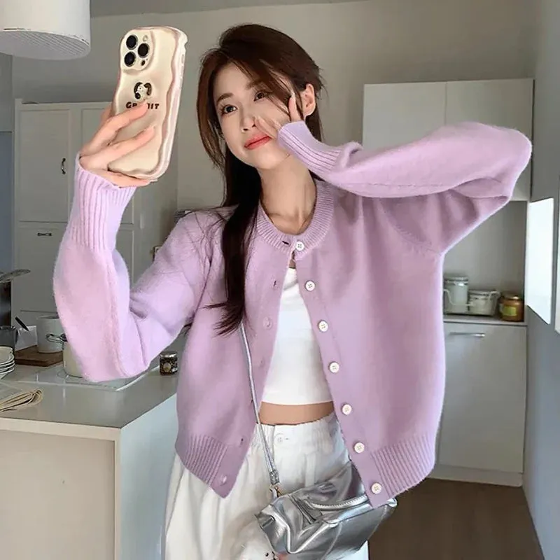 Rimocy Candy Colors Knitting Cardigan Women Korean Fashion Long Sleeve Round Neck Sweater Coat Woman Solid Color Chic Cardigans