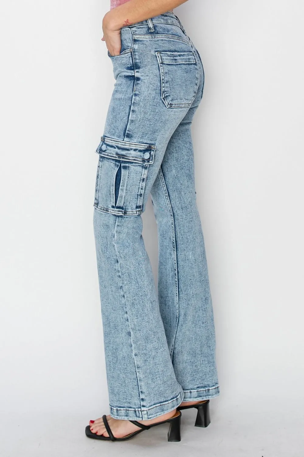 RISEN High Rise Cargo Flare Jeans