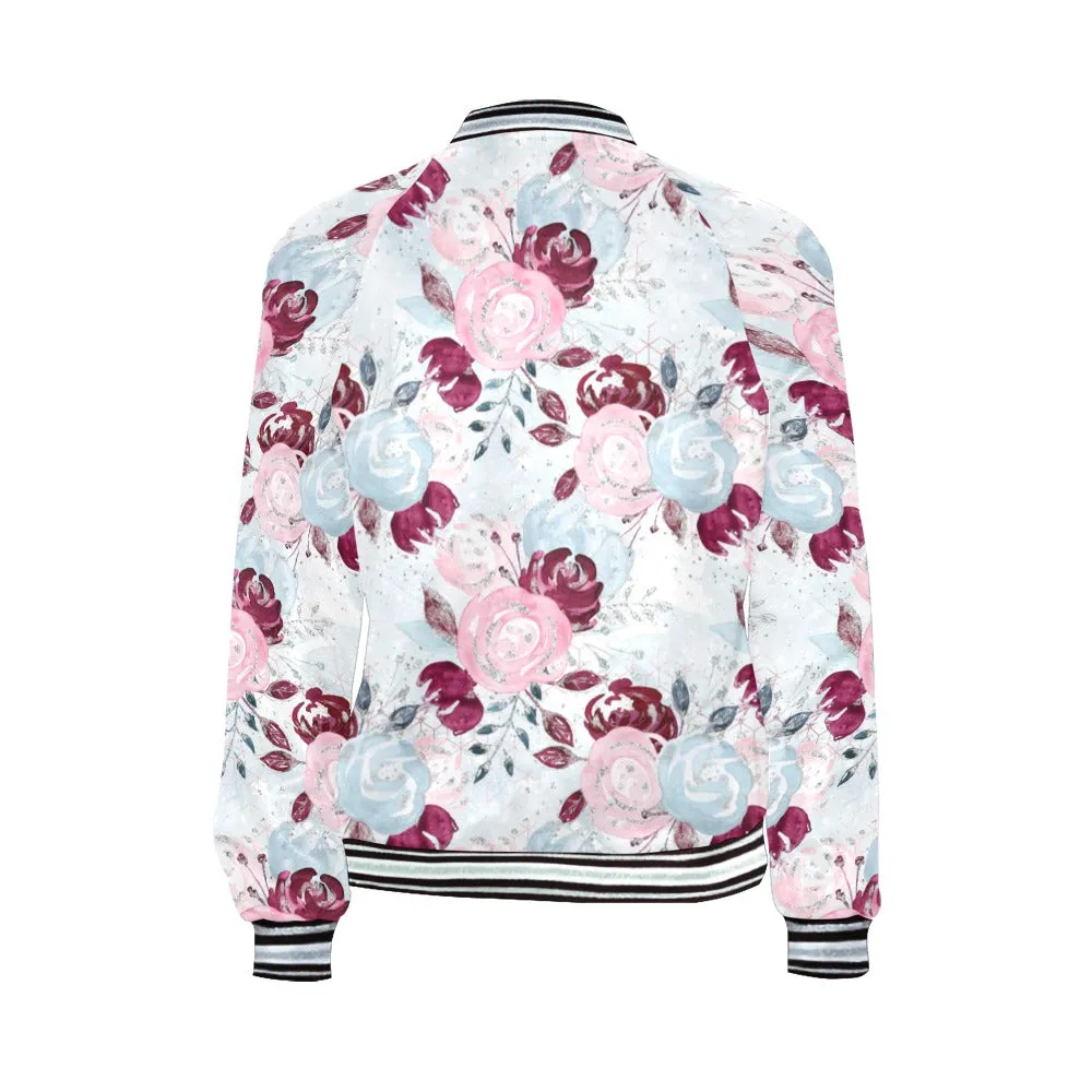 Roses Pink Blue Bomber Jacket for Women