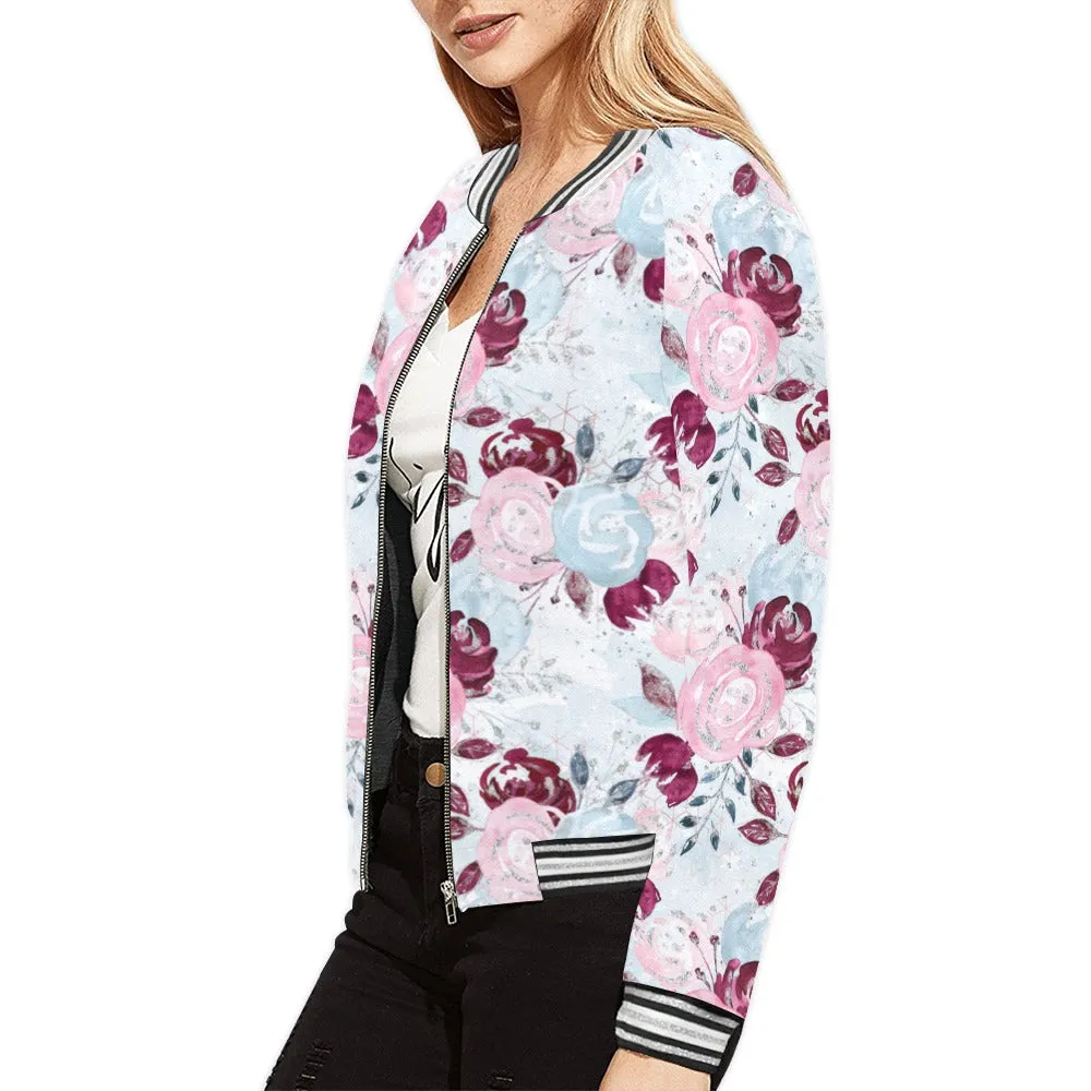 Roses Pink Blue Bomber Jacket for Women