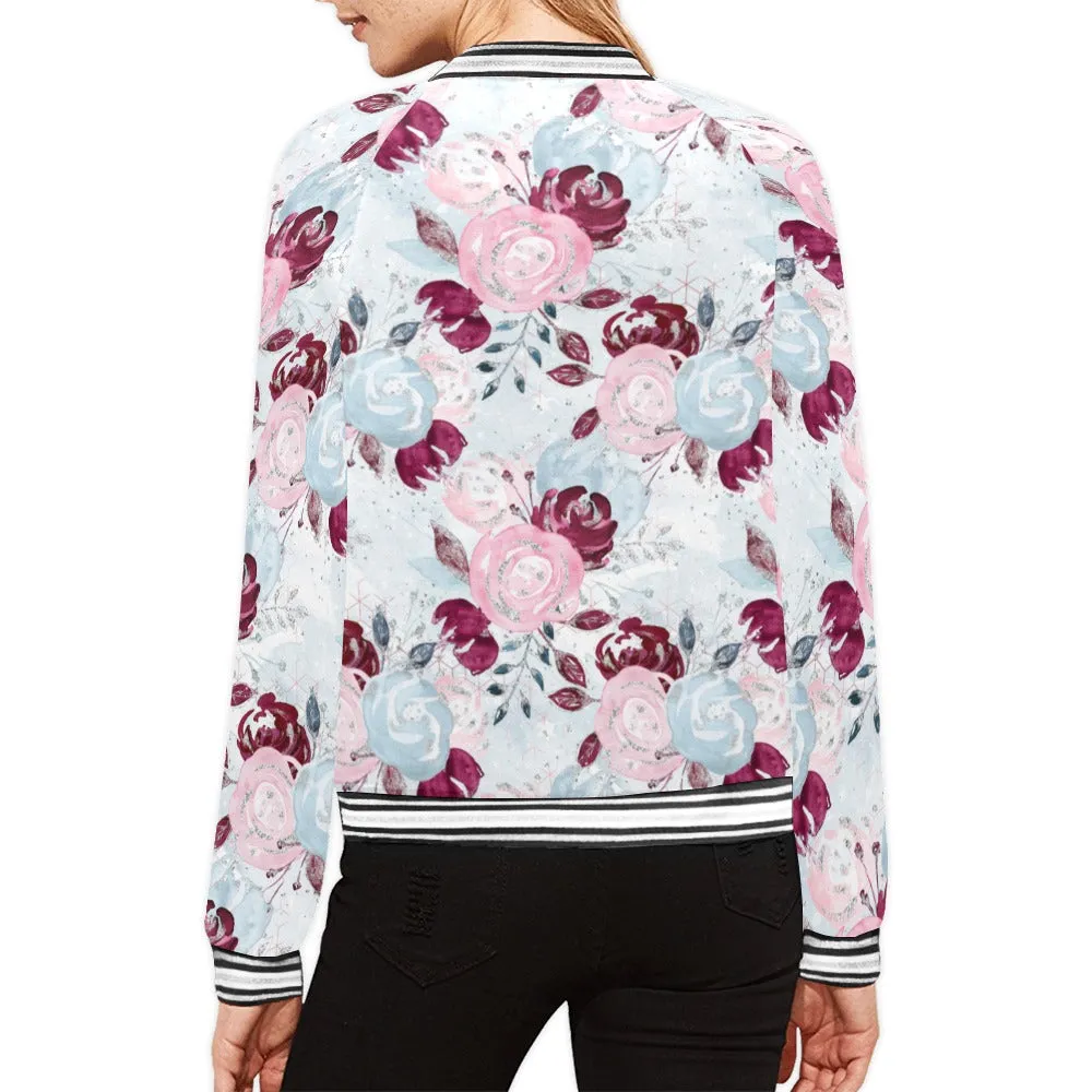 Roses Pink Blue Bomber Jacket for Women