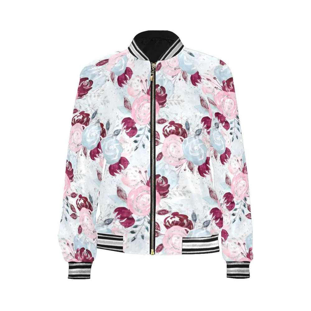 Roses Pink Blue Bomber Jacket for Women