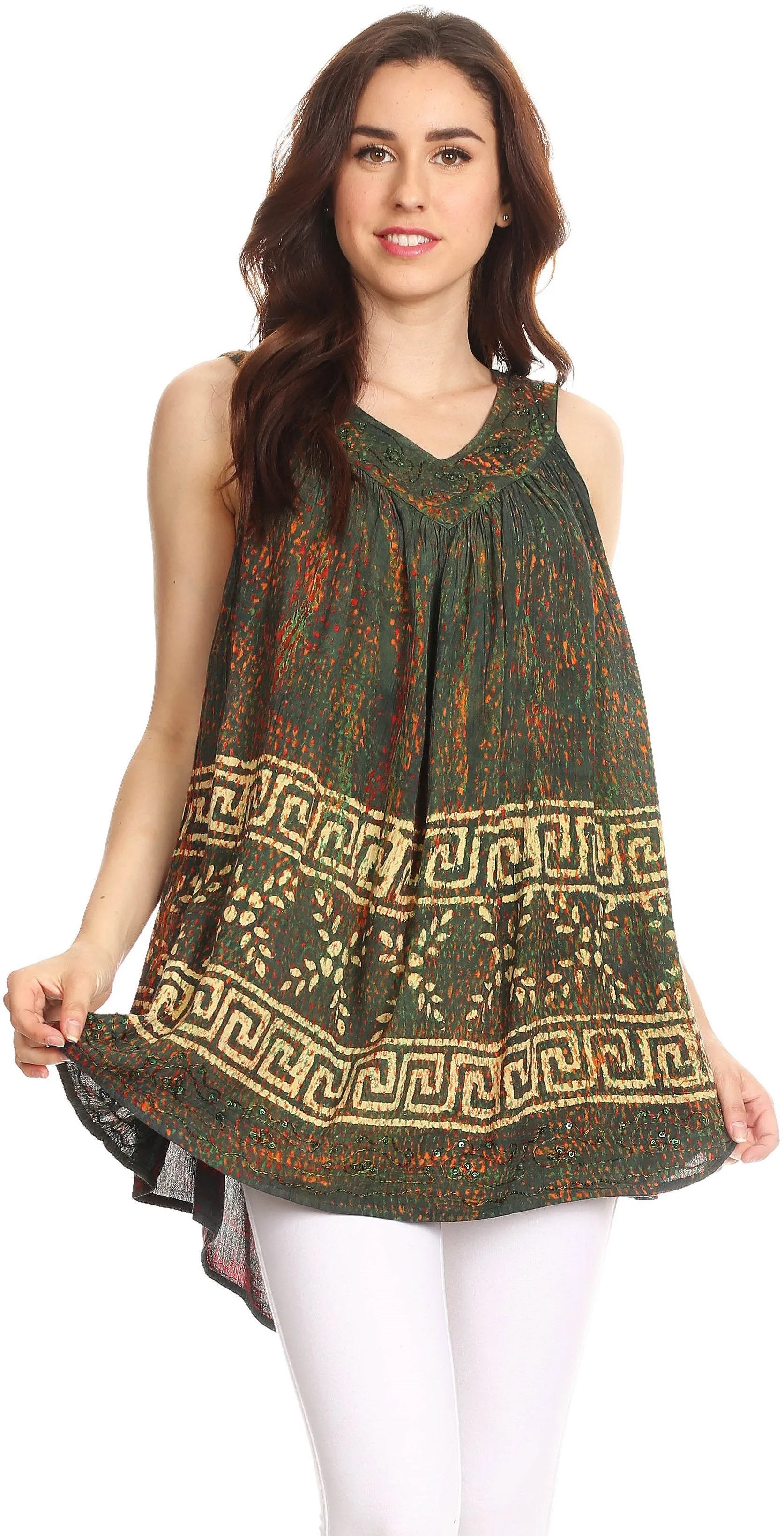 Sakkas Badalea Long Embroidered Sequin Beaded Batik Shirt Printed Tank Top Blouse