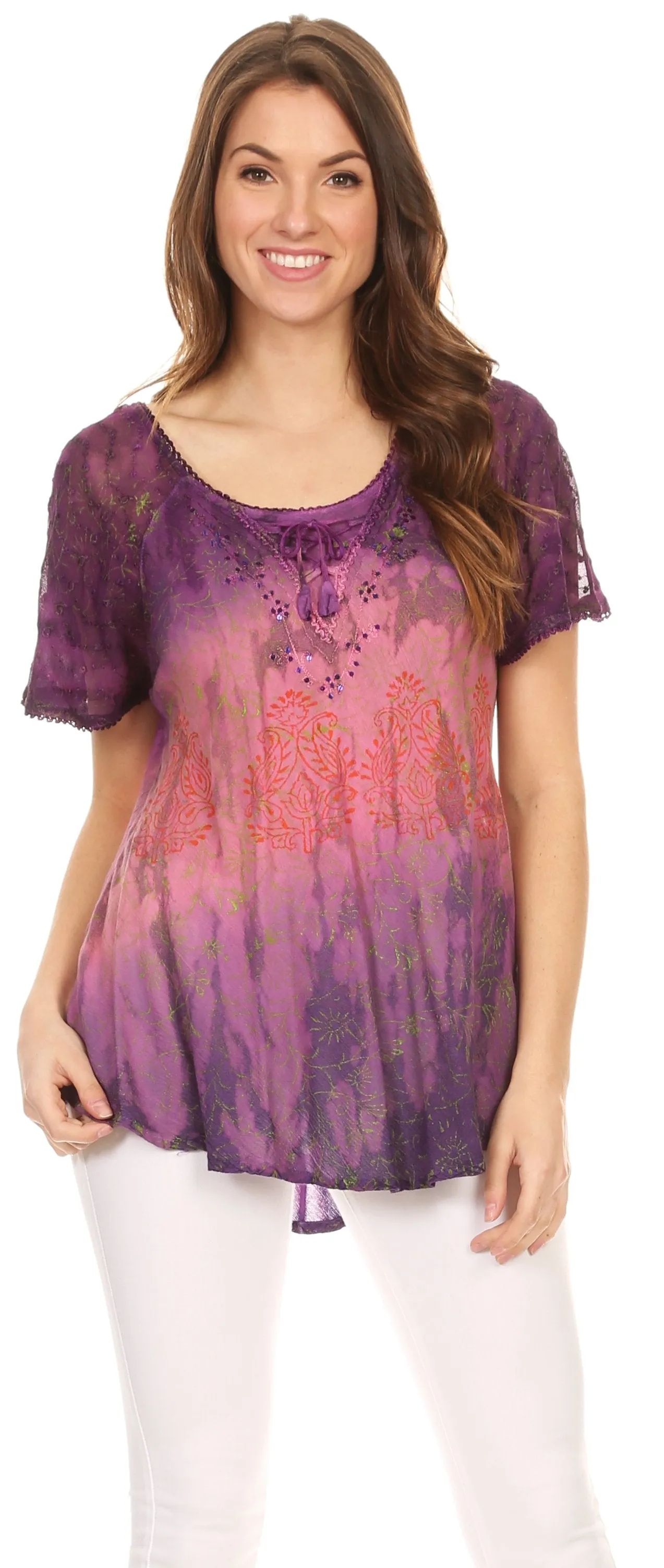 Sakkas Nayen Tie-Dye Sheer Cap Sleeve Embellished Relaxed Fit Drawstring Tunic Top