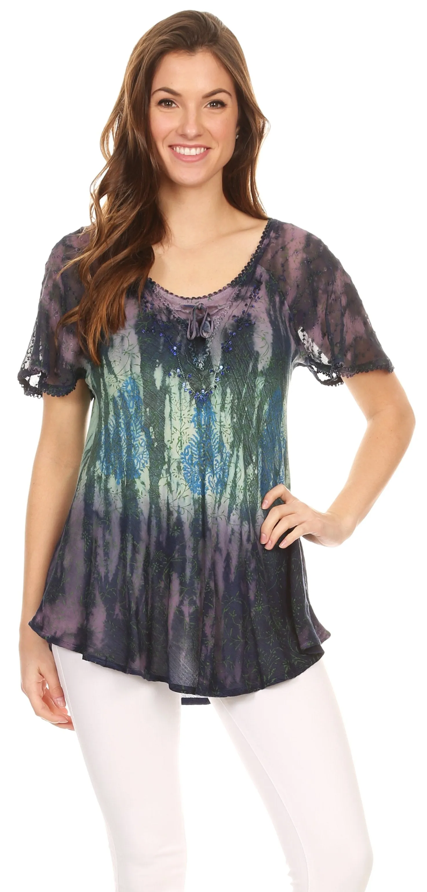 Sakkas Nayen Tie-Dye Sheer Cap Sleeve Embellished Relaxed Fit Drawstring Tunic Top