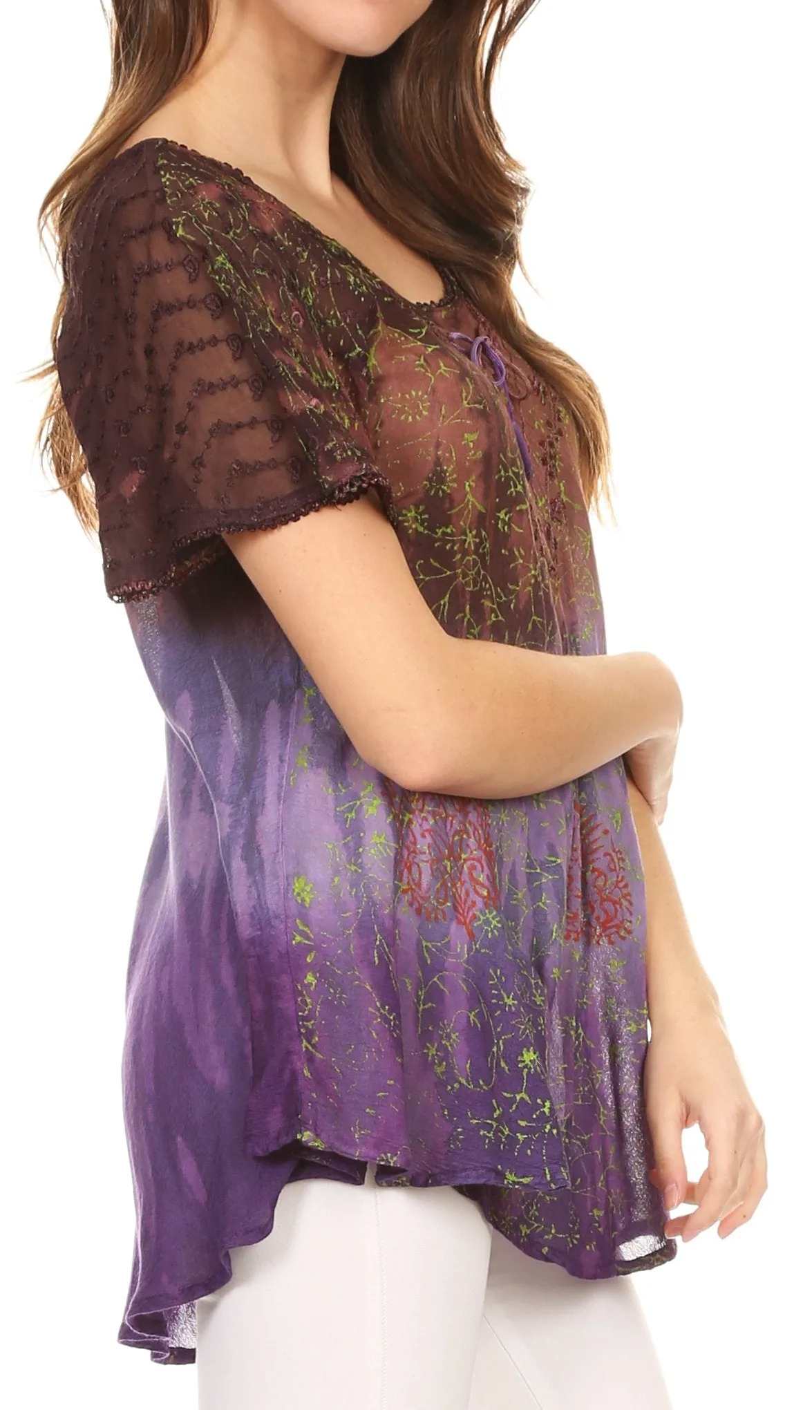 Sakkas Nayen Tie-Dye Sheer Cap Sleeve Embellished Relaxed Fit Drawstring Tunic Top