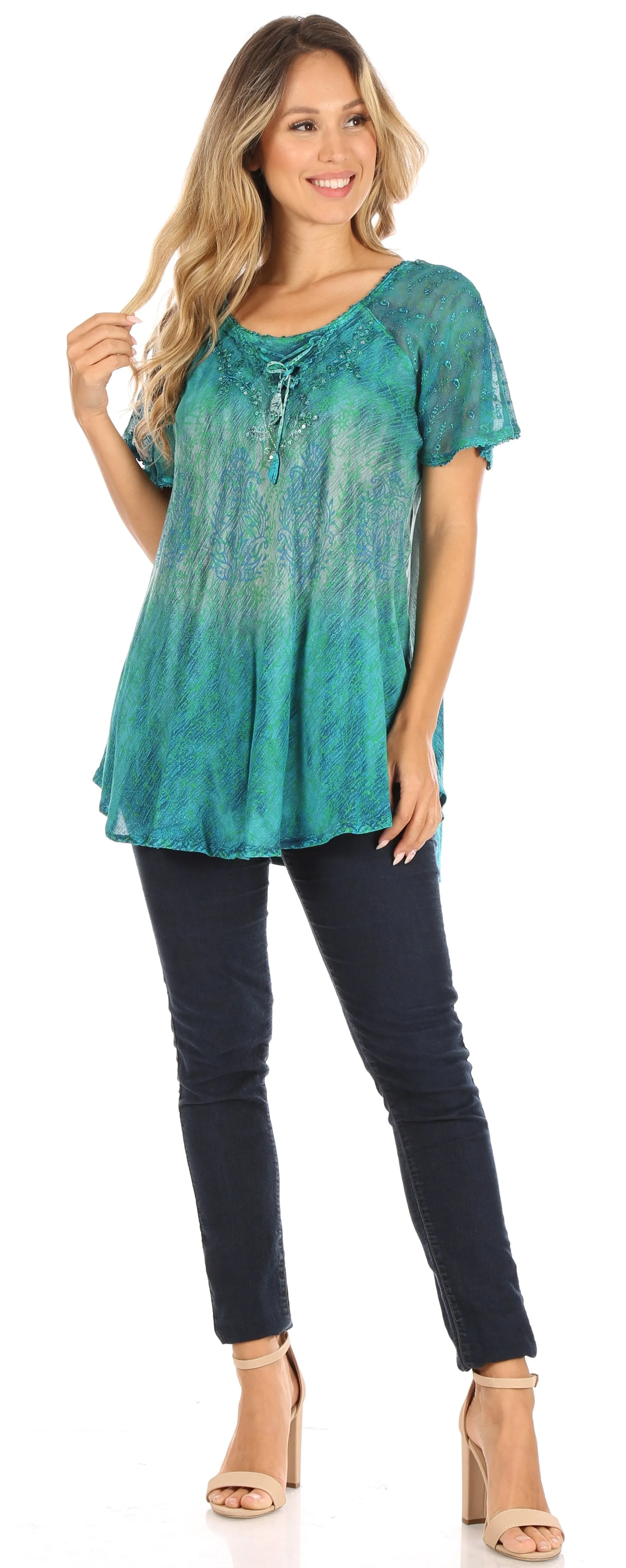 Sakkas Nayen Tie-Dye Sheer Cap Sleeve Embellished Relaxed Fit Drawstring Tunic Top