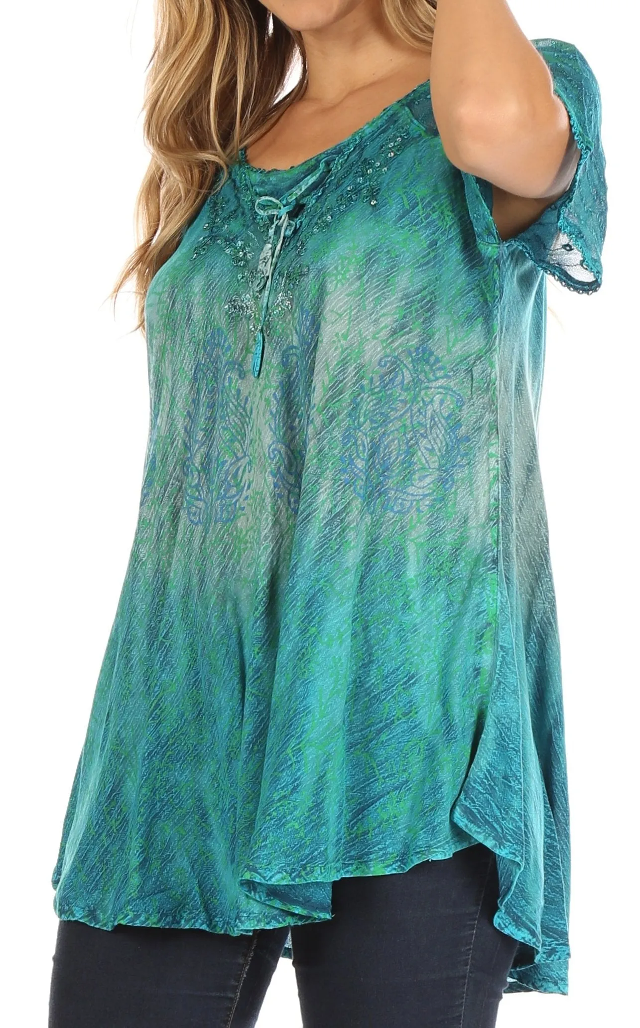 Sakkas Nayen Tie-Dye Sheer Cap Sleeve Embellished Relaxed Fit Drawstring Tunic Top