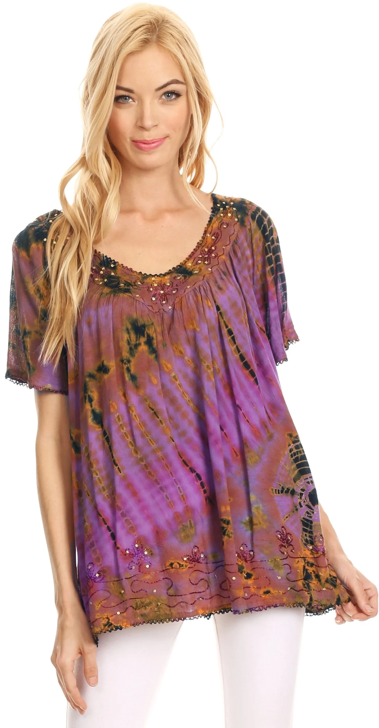 Sakkas Soraya Tie-Dye Scoop Neck Short Sleeve Embroidered Tunic Relaxed Fit Top