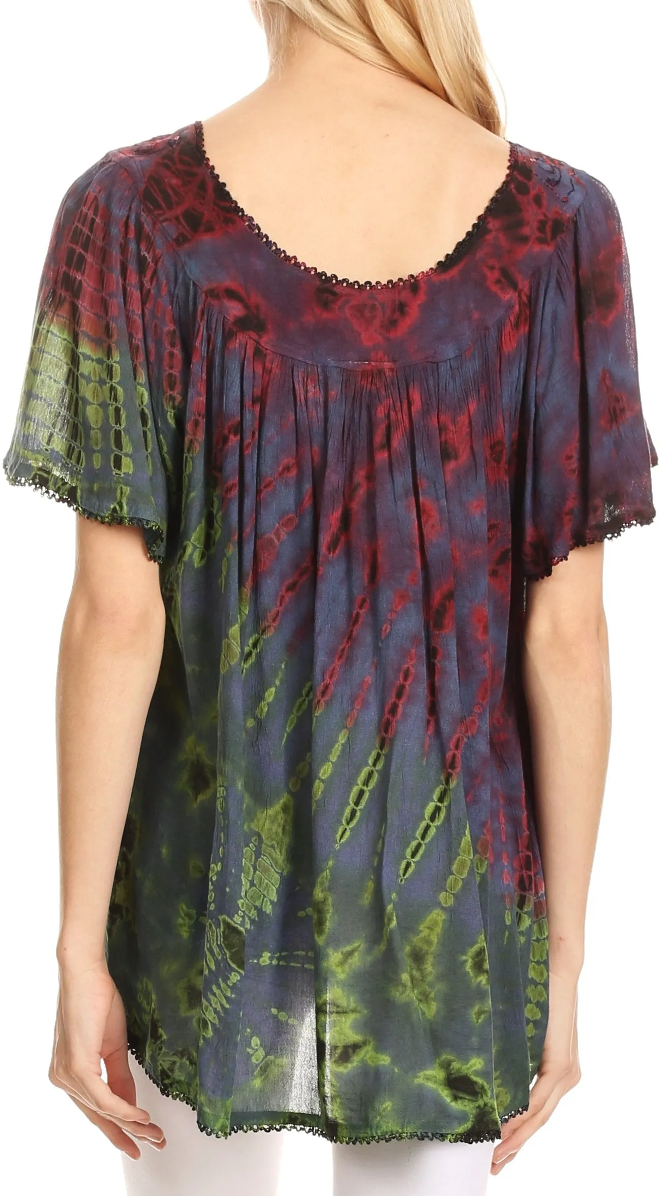 Sakkas Soraya Tie-Dye Scoop Neck Short Sleeve Embroidered Tunic Relaxed Fit Top