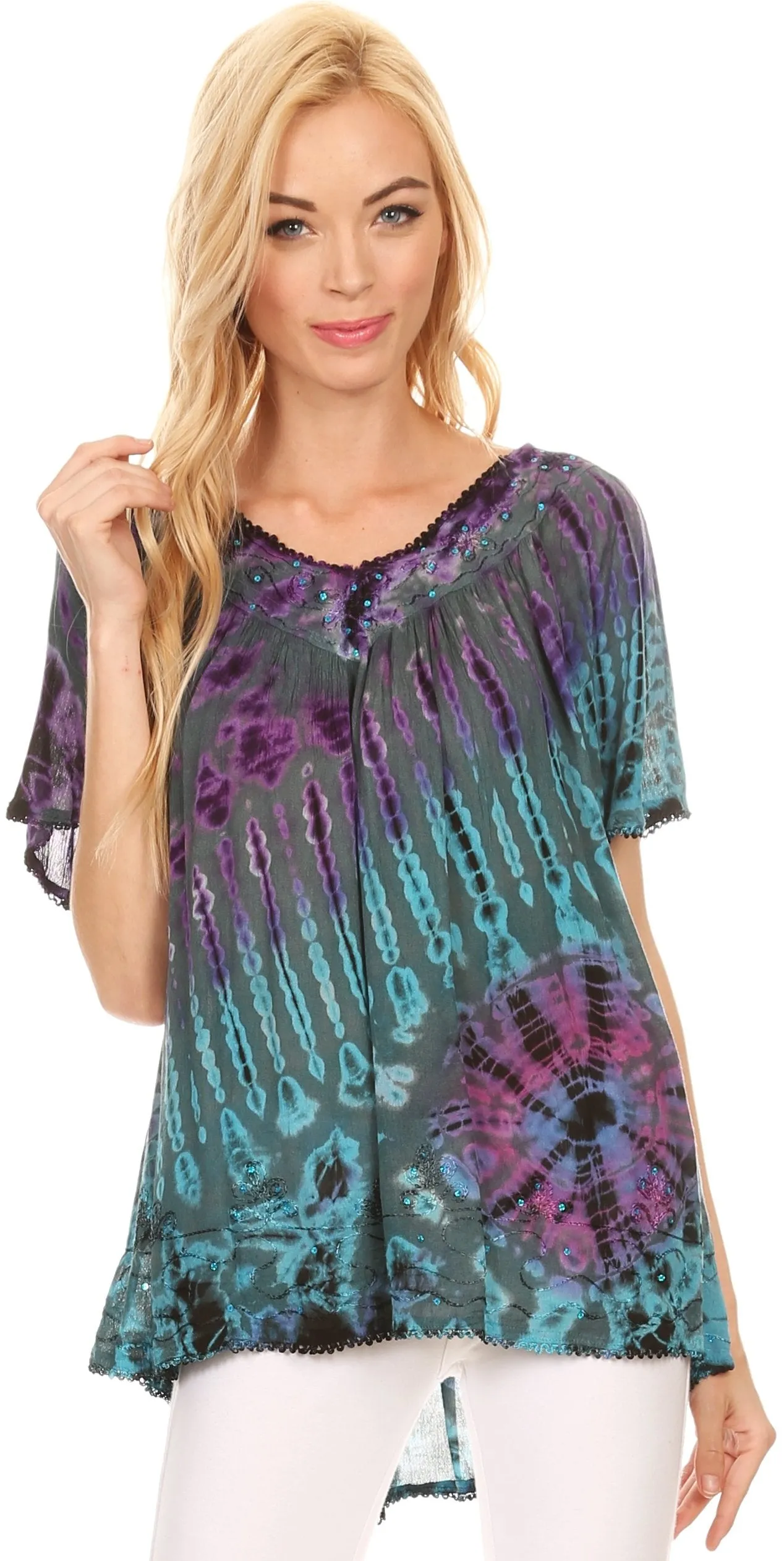 Sakkas Soraya Tie-Dye Scoop Neck Short Sleeve Embroidered Tunic Relaxed Fit Top