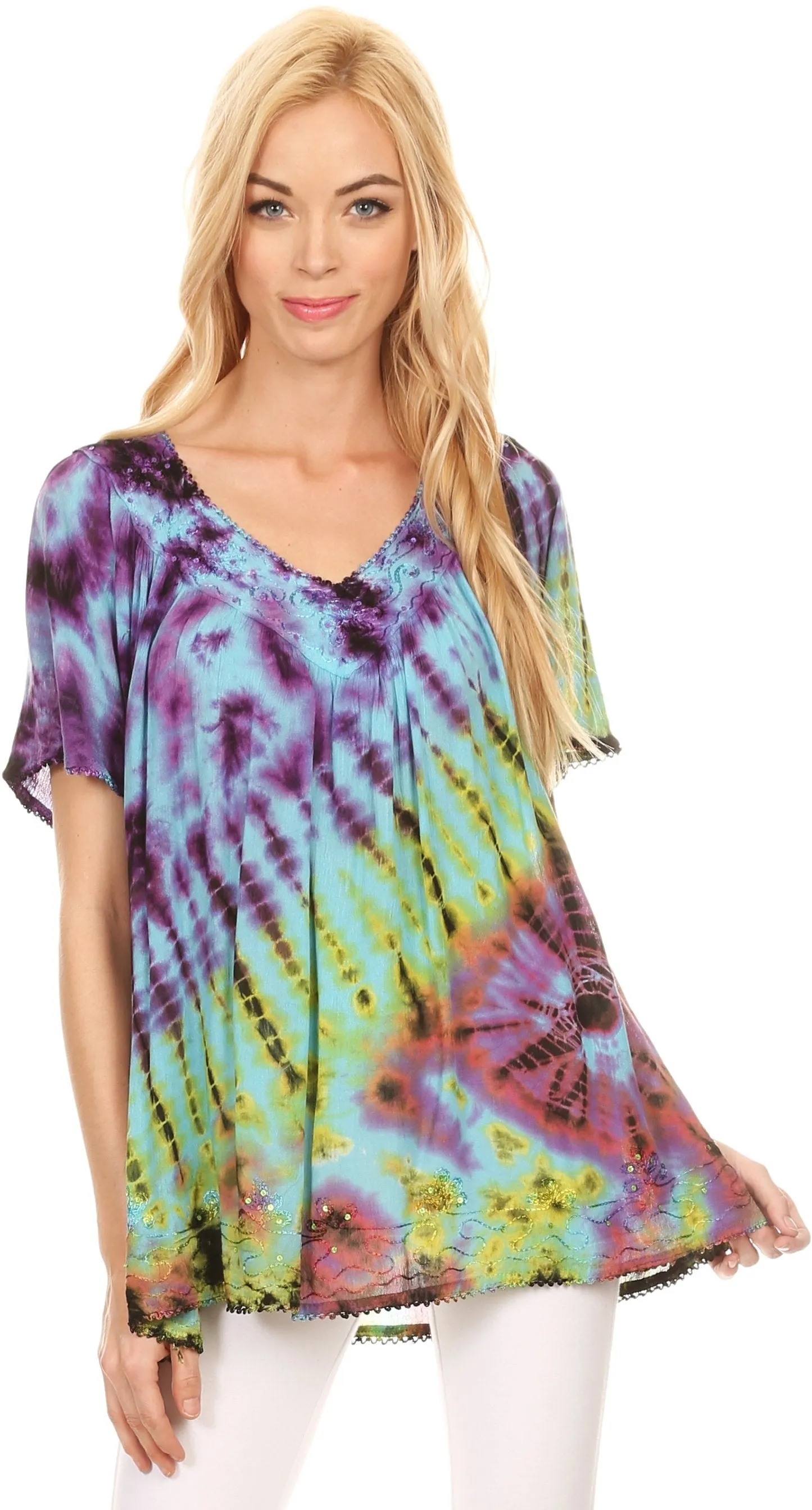 Sakkas Soraya Tie-Dye Scoop Neck Short Sleeve Embroidered Tunic Relaxed Fit Top