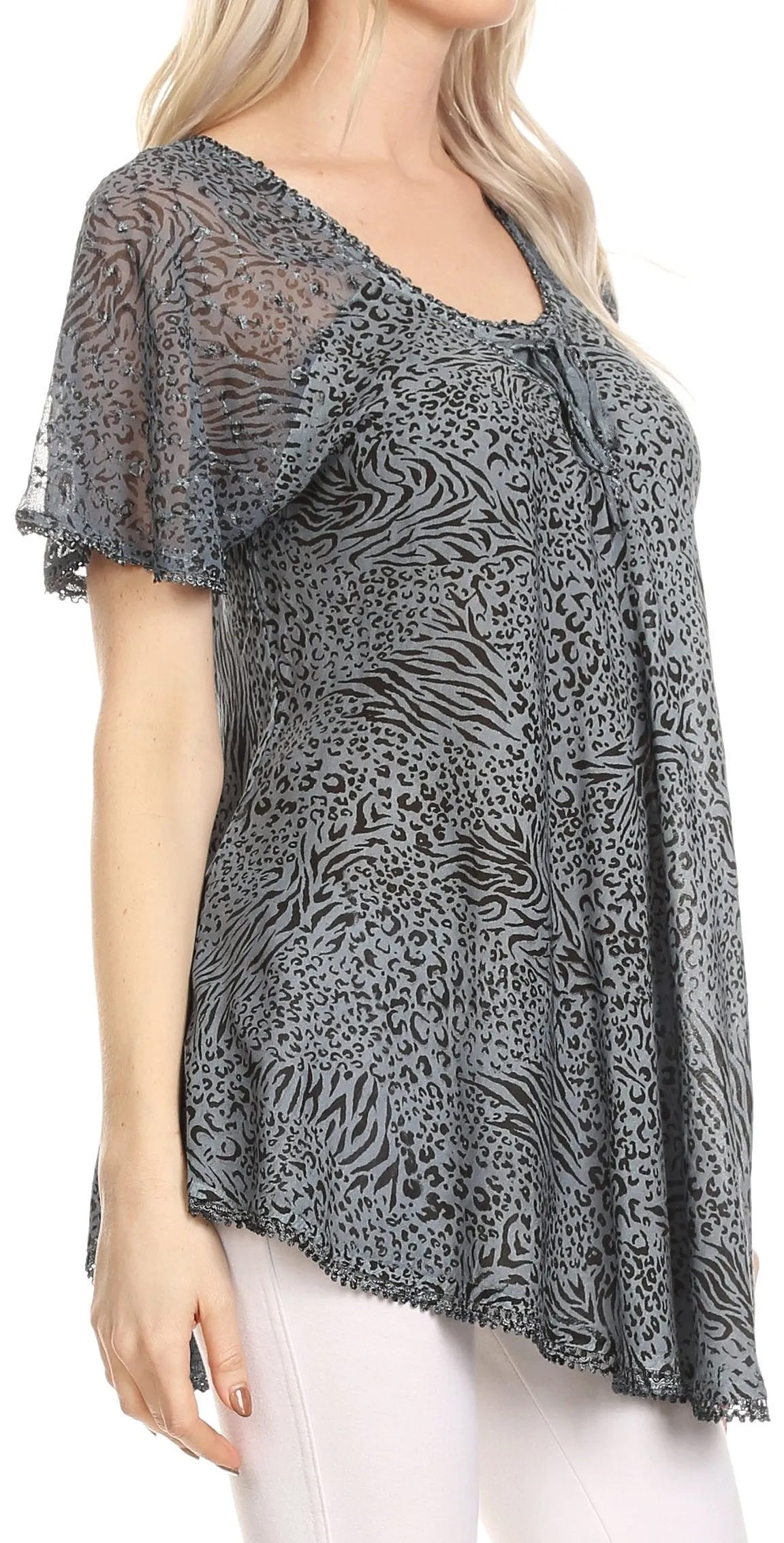 Sakkas Terhas Relaxed Fit Animal Print Crepe Sleeve Drawstring Blouse | Cover Up