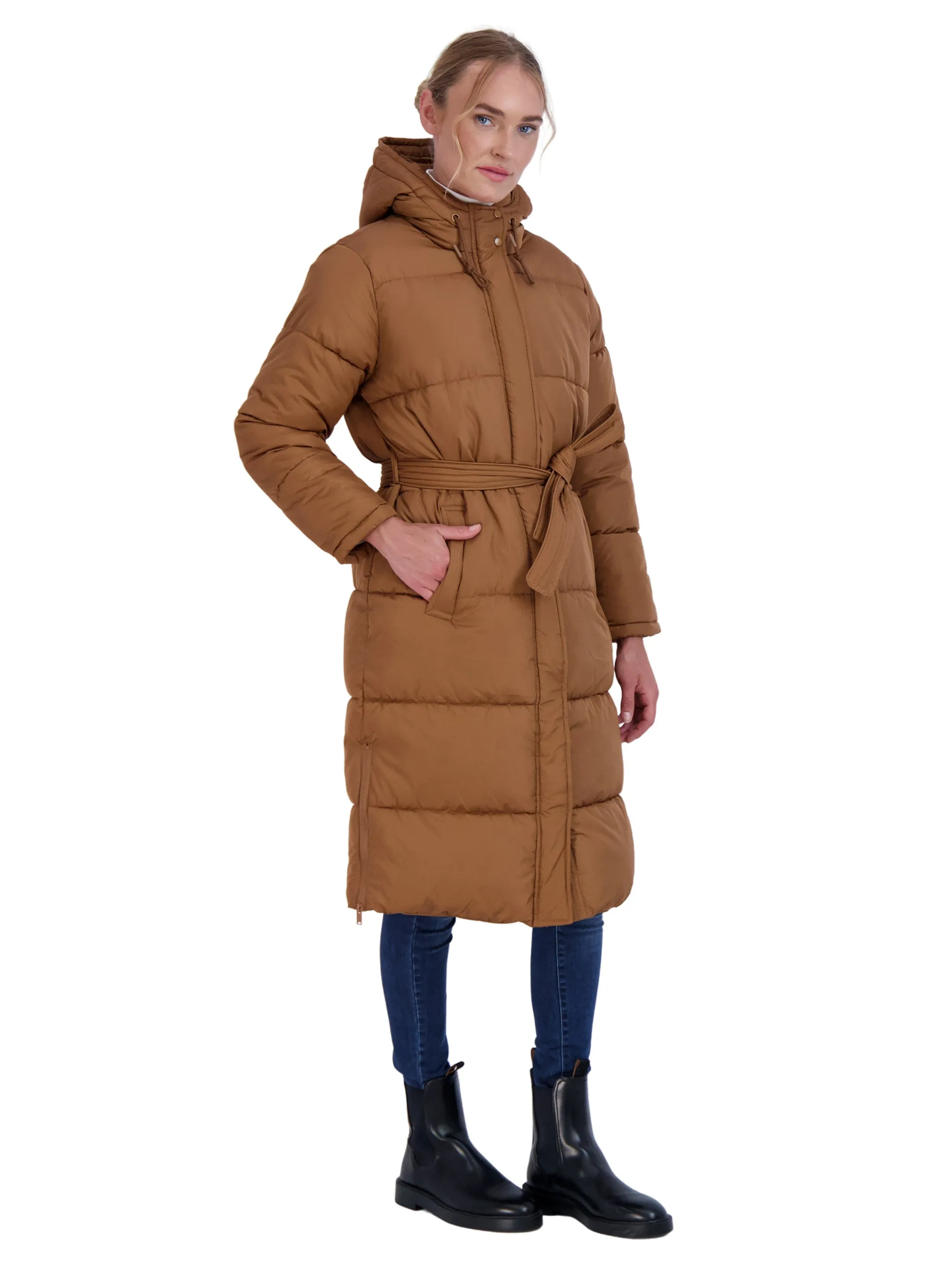 Sebby Collection Women's Long Puffer Jacket with Hood and Belt