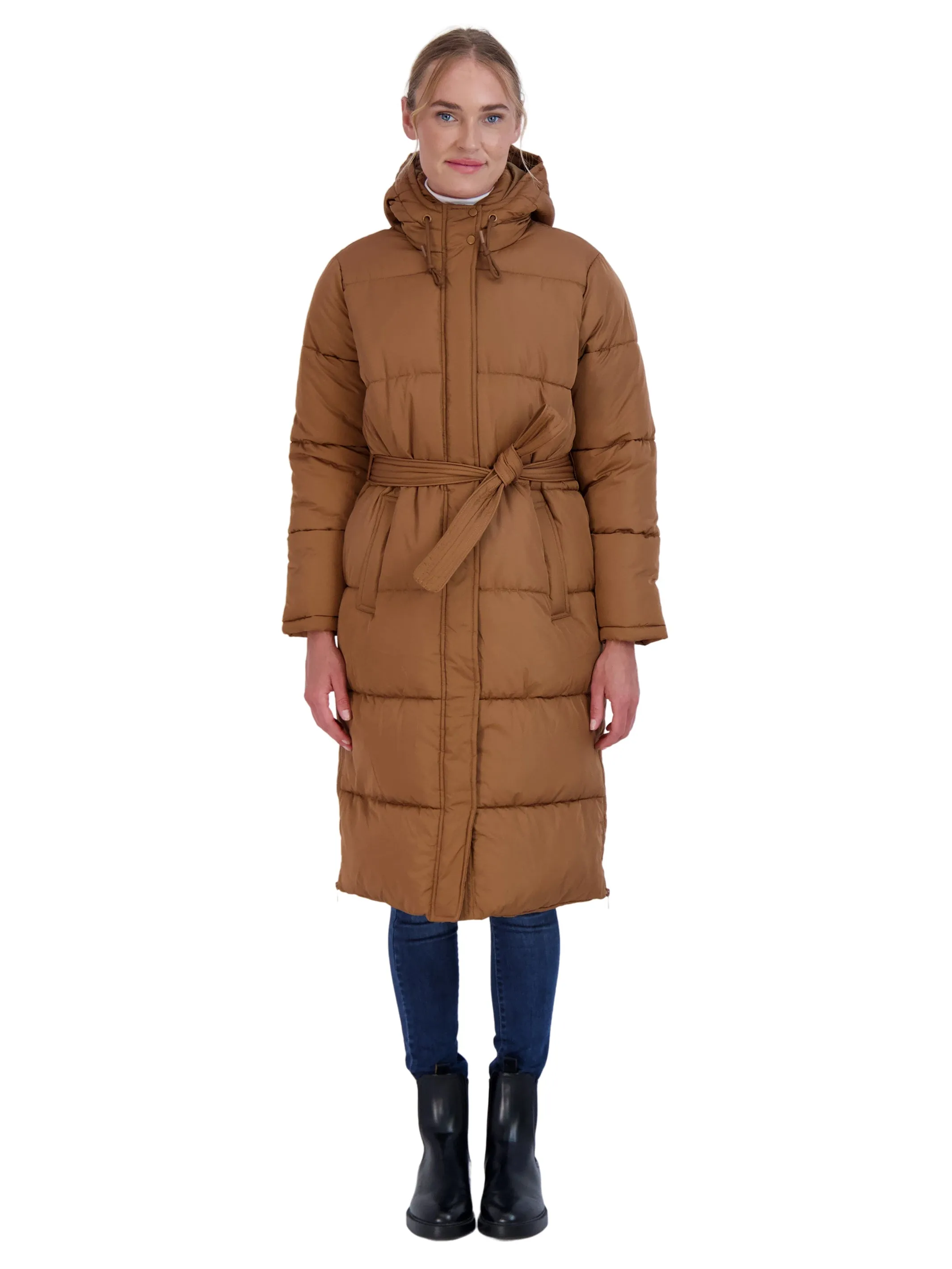 Sebby Collection Women's Long Puffer Jacket with Hood and Belt