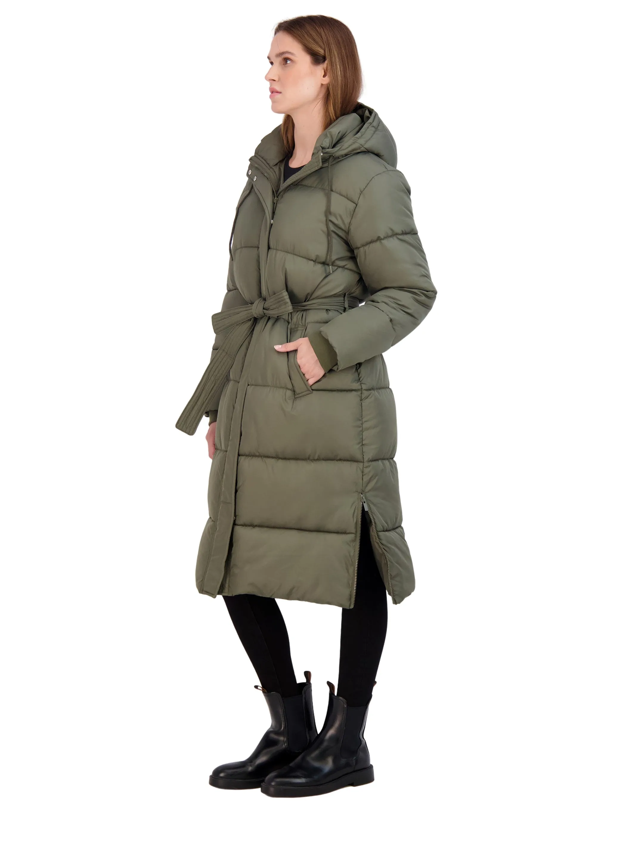 Sebby Collection Women's Long Puffer Jacket with Hood and Belt