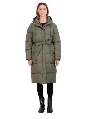 Sebby Collection Women's Long Puffer Jacket with Hood and Belt