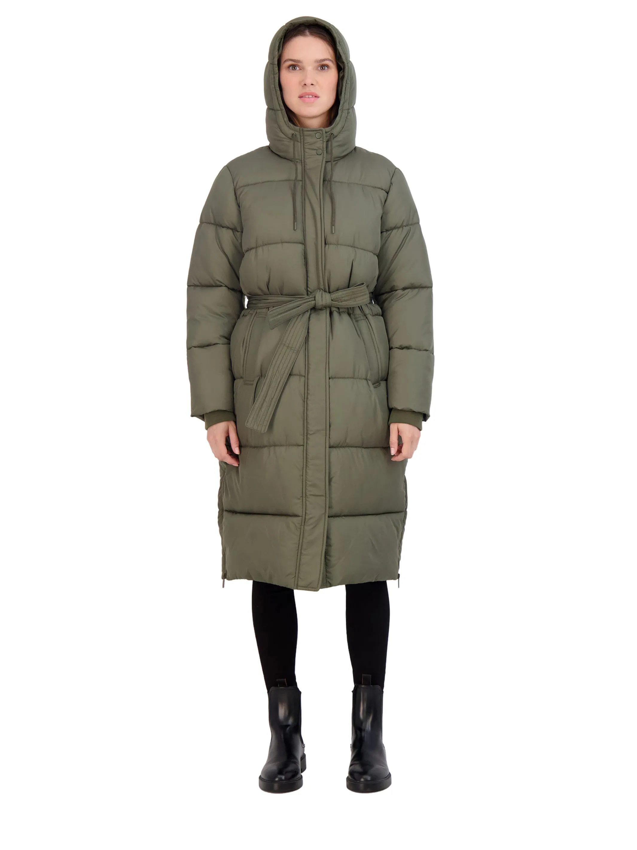 Sebby Collection Women's Long Puffer Jacket with Hood and Belt