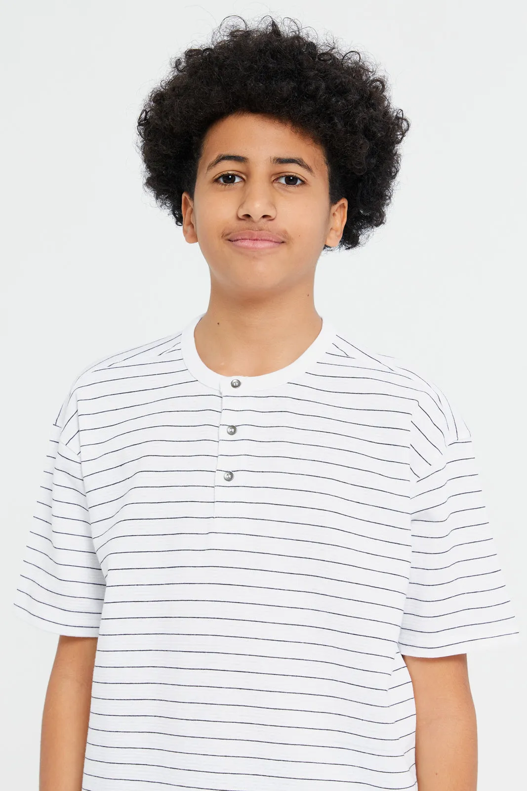 Senior Boys White And Black Oversize Henley T-Shirt