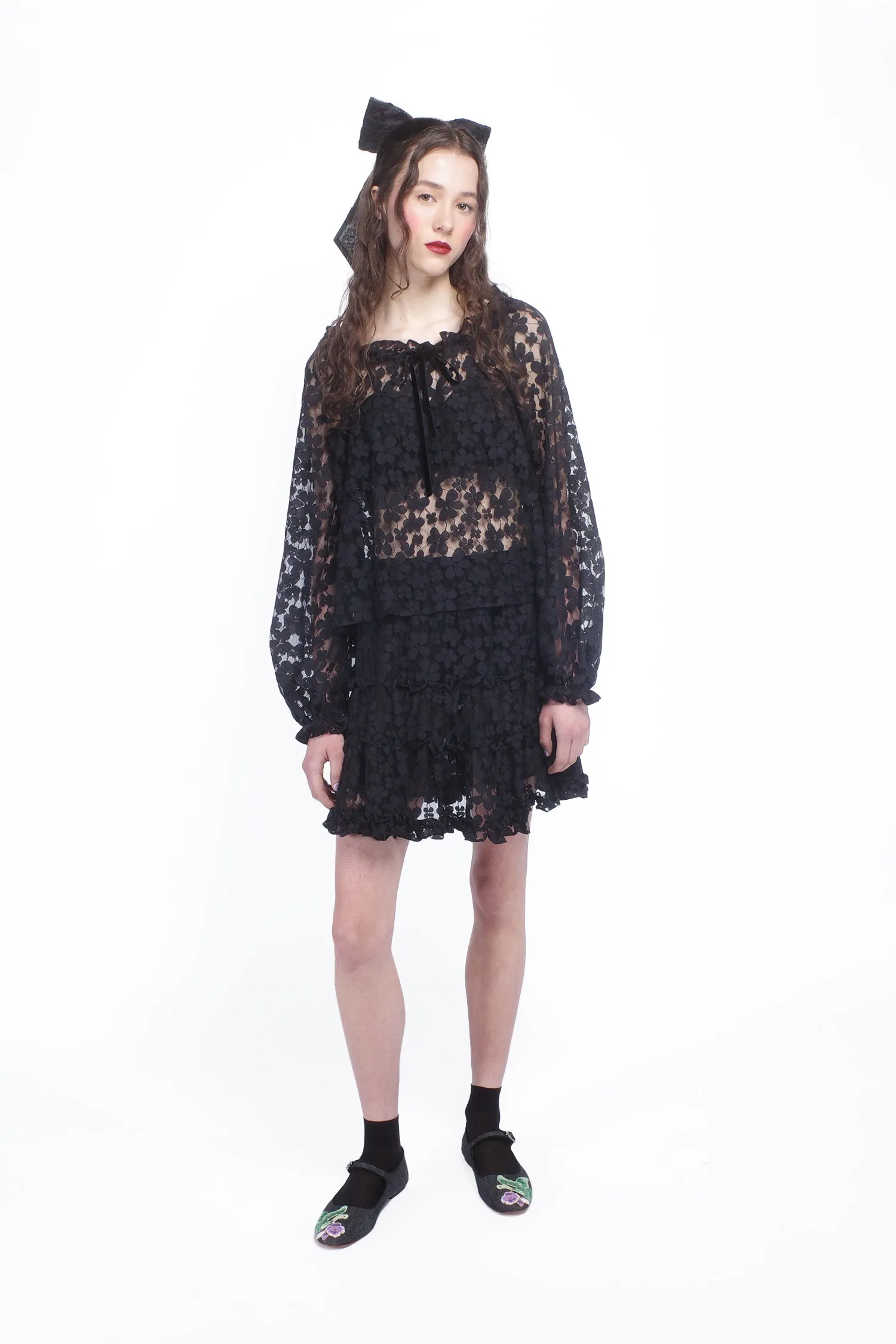 Shadow Blossom Tulle Elastic Lace Blouse