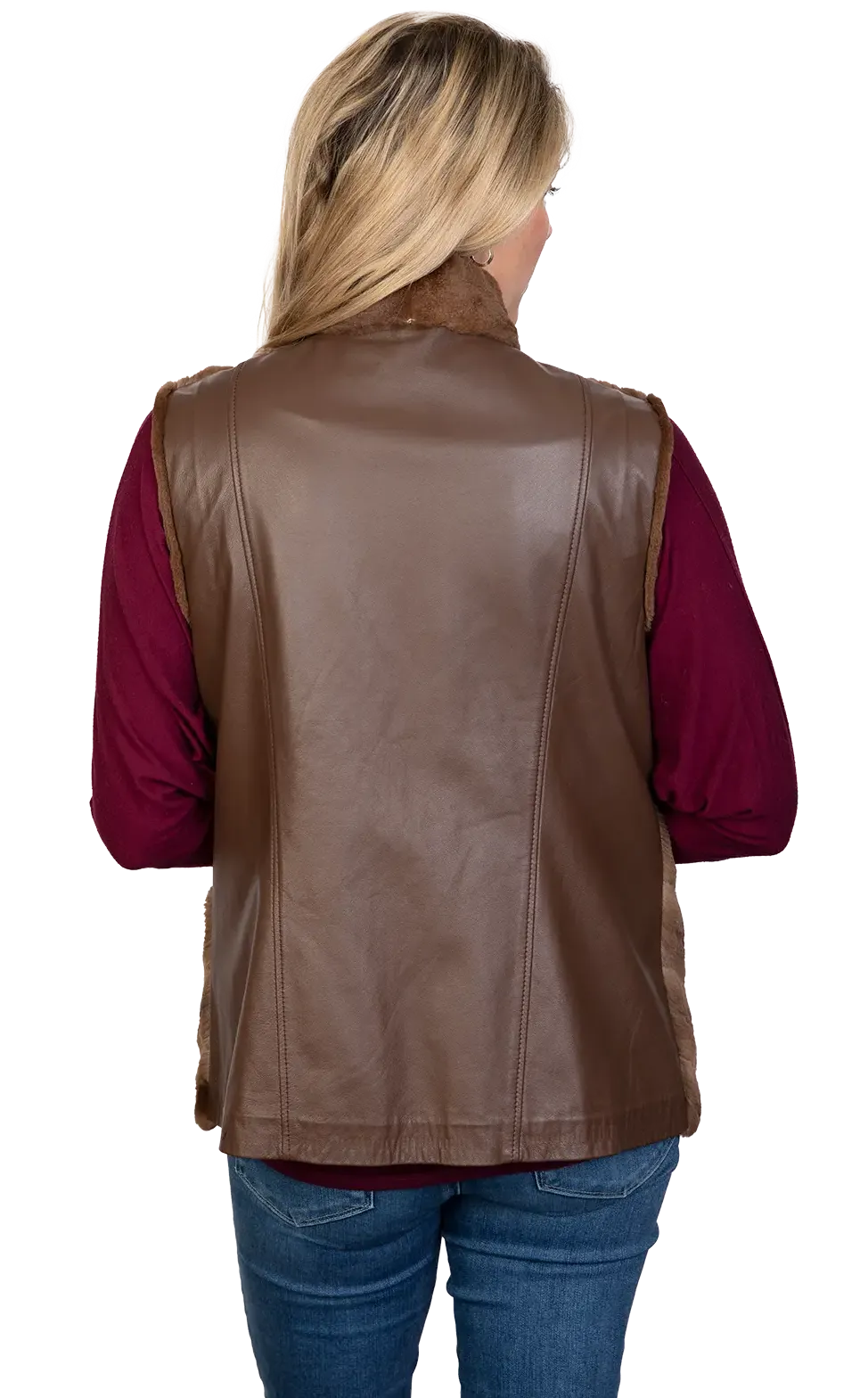 Sheared Vest with Leather Back Reversible to Taffeta