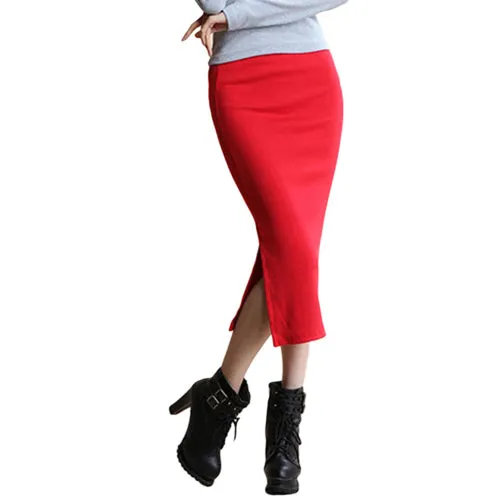 SIMPVALE Stretch Slim Step Skirt Women Sexy Pencil Office Package Hip Skirts Mid Waist Mid-Calf Solid Skirt Casual Lady Skirts