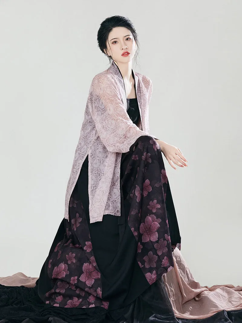 Song Morden Chinese Style Peach Blossom Floral Print Skirt Set