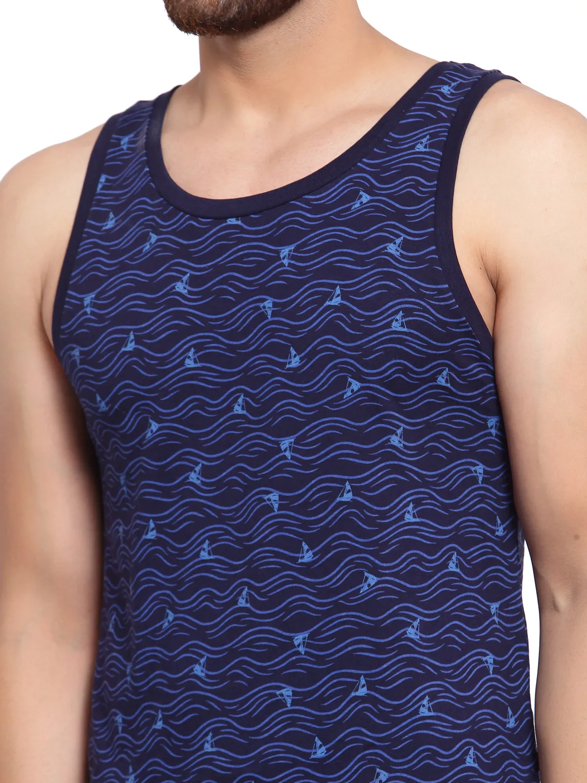 Sporto Men's Round Neck Printed Gym Vest - Navy