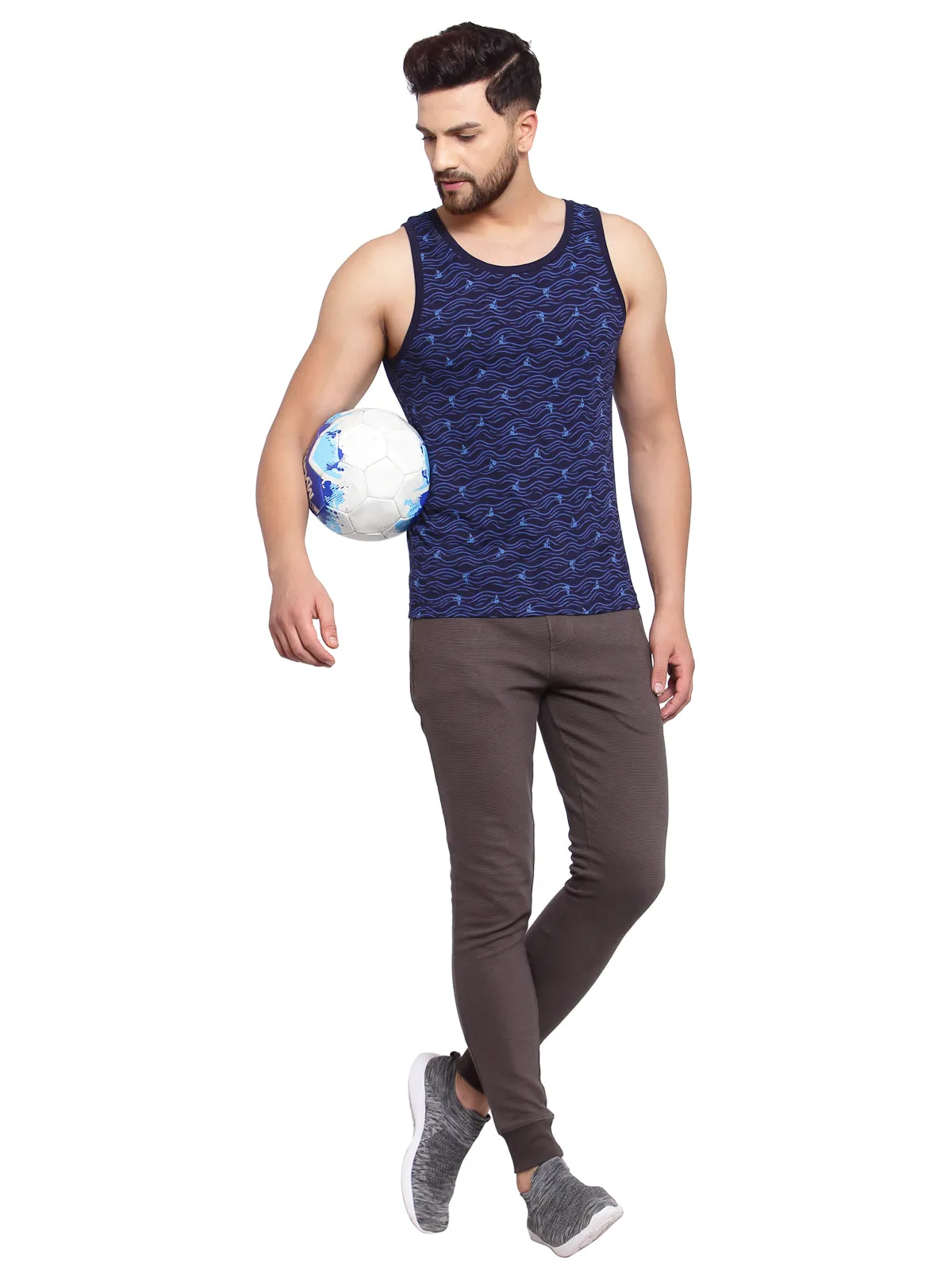 Sporto Men's Round Neck Printed Gym Vest - Navy