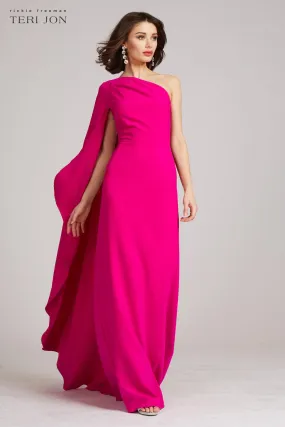 Stretch Crepe Cape One Shoulder Sleeve Gown