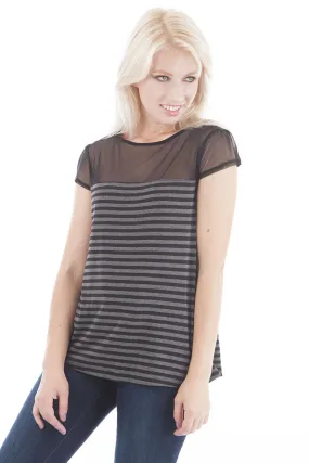 Striped Mesh Insert Top With Bow Detail