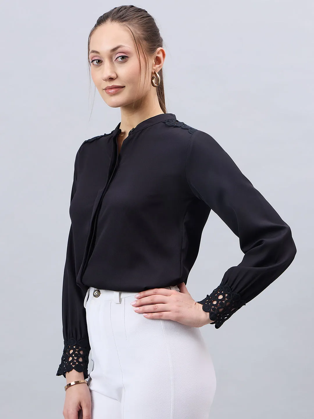 Style Quotient Women Black Solid Polymoss Regular Fit Formal Shirt