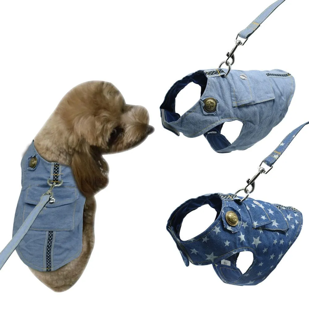 Stylish Denim Vest Harness with Leash for Dogs