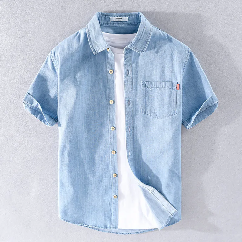 Summer Cotton Short Sleeve Denim Shirt For Men Classic All-matching