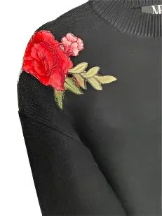 Sweater, Crewneck Black, Pink Flowers