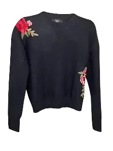 Sweater, Crewneck Black, Pink Flowers