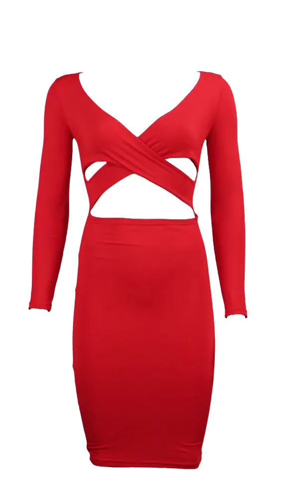 The Nadia Long Sleeve Cut Out Midi Dress Red