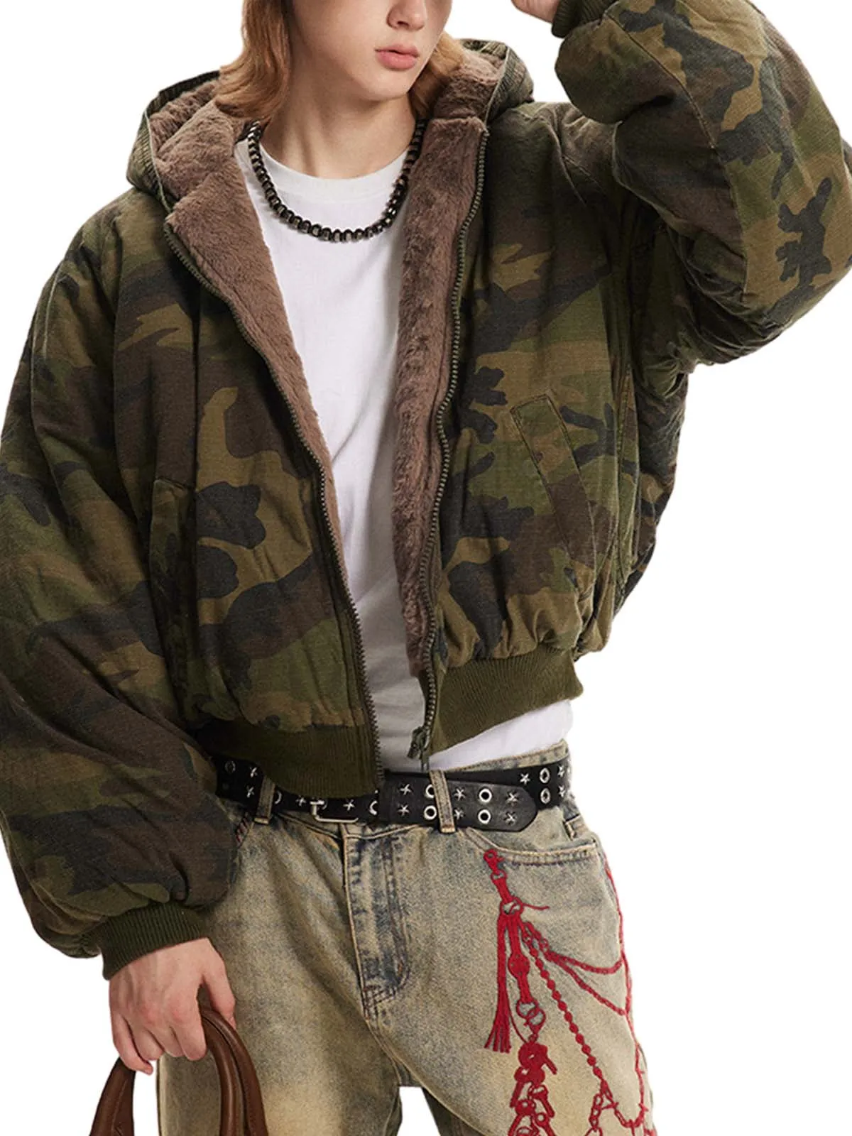 Thesupermade Camouflage Fur Hooded Jacket