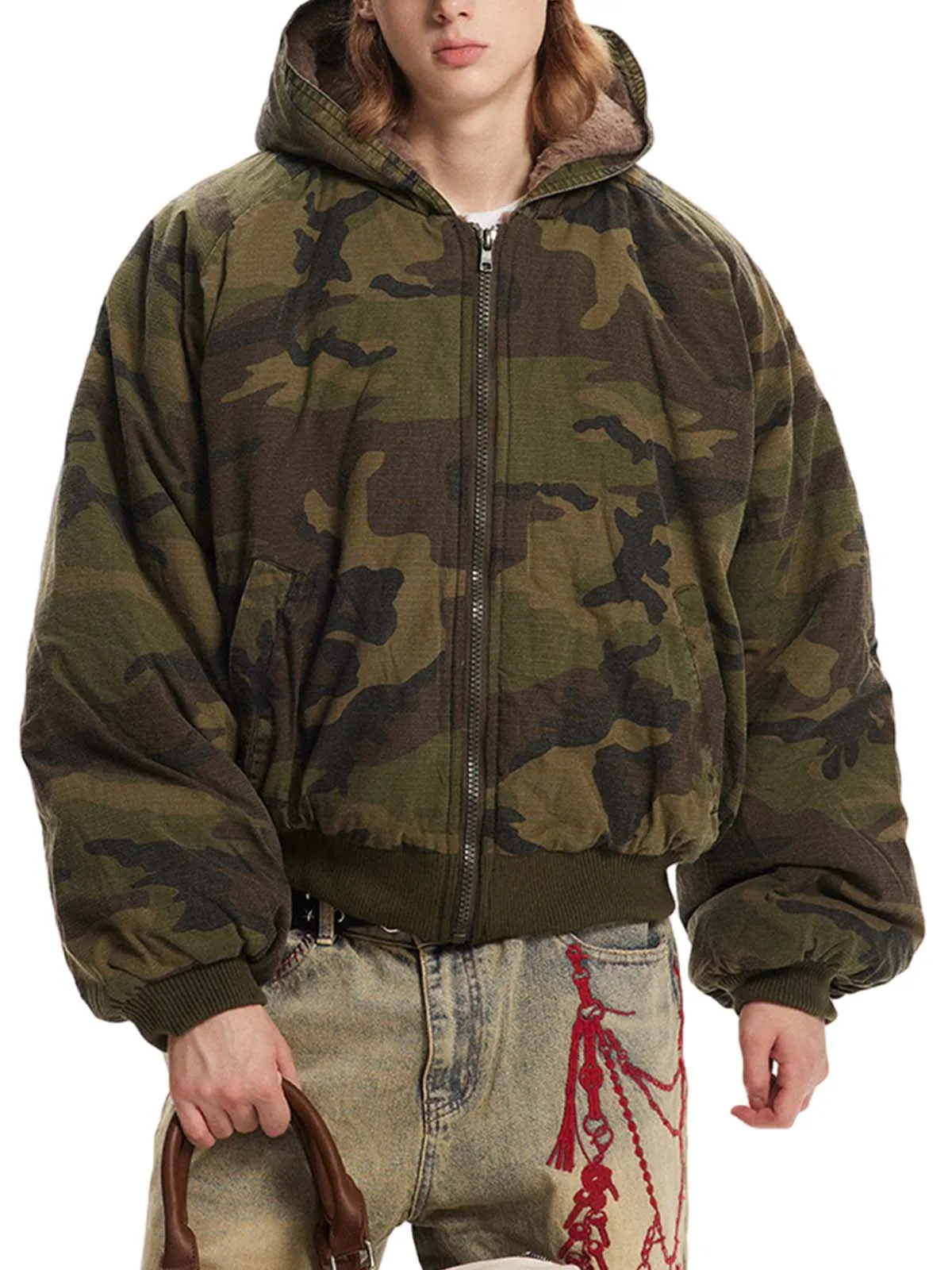 Thesupermade Camouflage Fur Hooded Jacket