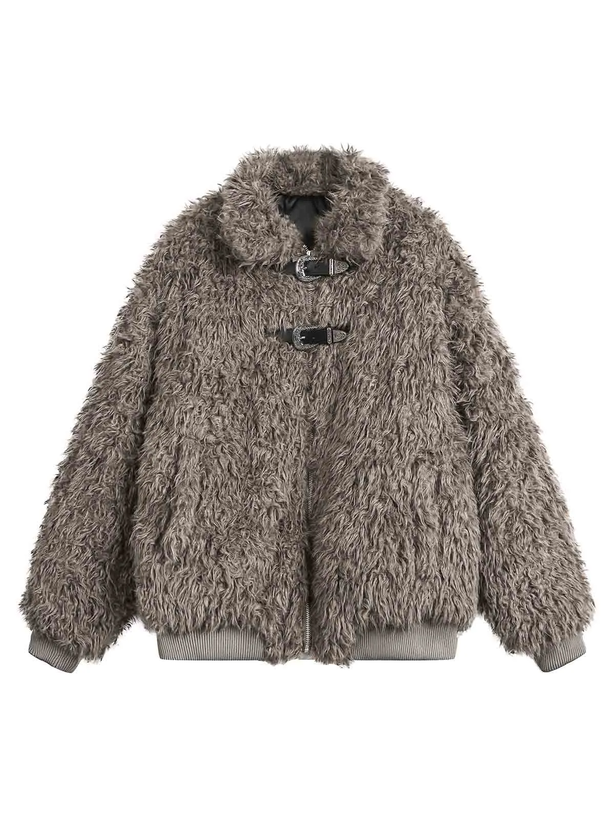 Thesupermade Metal leather button Faux Fur Jacket -2245