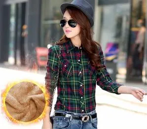 Thick velvet Blusas winter cotton long-sleeved women's plaid shirt flannel blouses feminina chemise femme camisas femenina tops