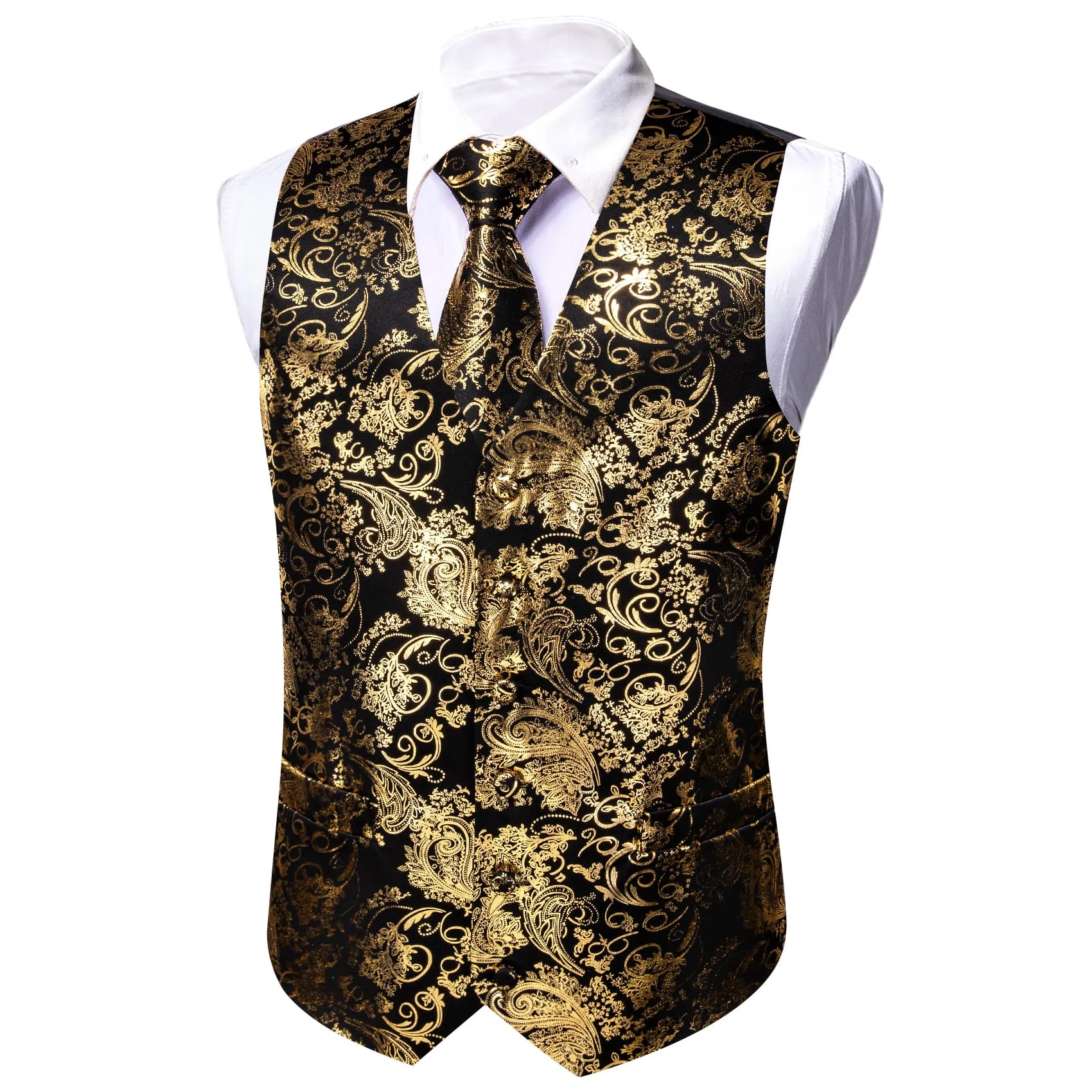 Ties2you Vest for Men Black Gold Floral V Neck Hot Stamping Silk Vest Dress Tie Set