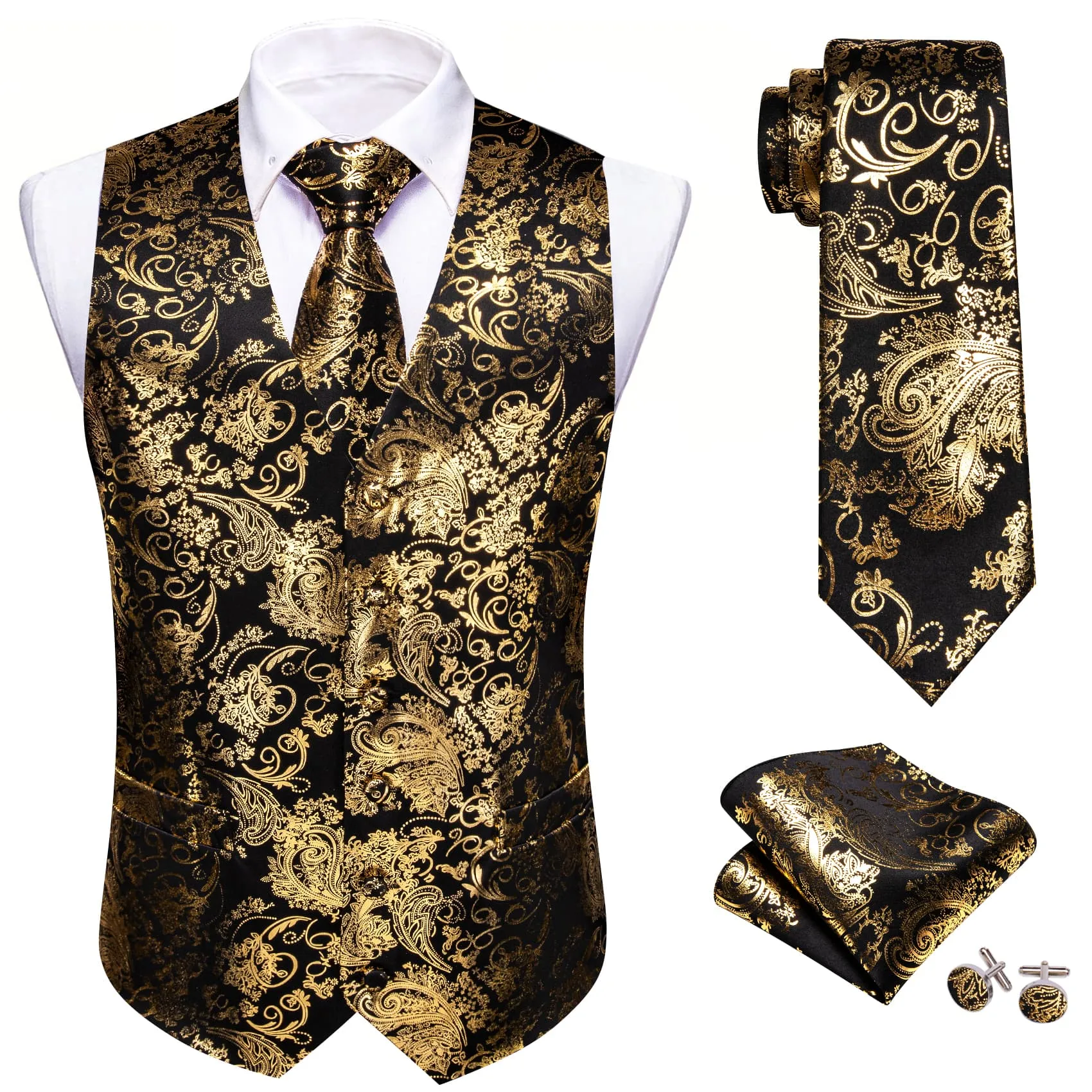 Ties2you Vest for Men Black Gold Floral V Neck Hot Stamping Silk Vest Dress Tie Set