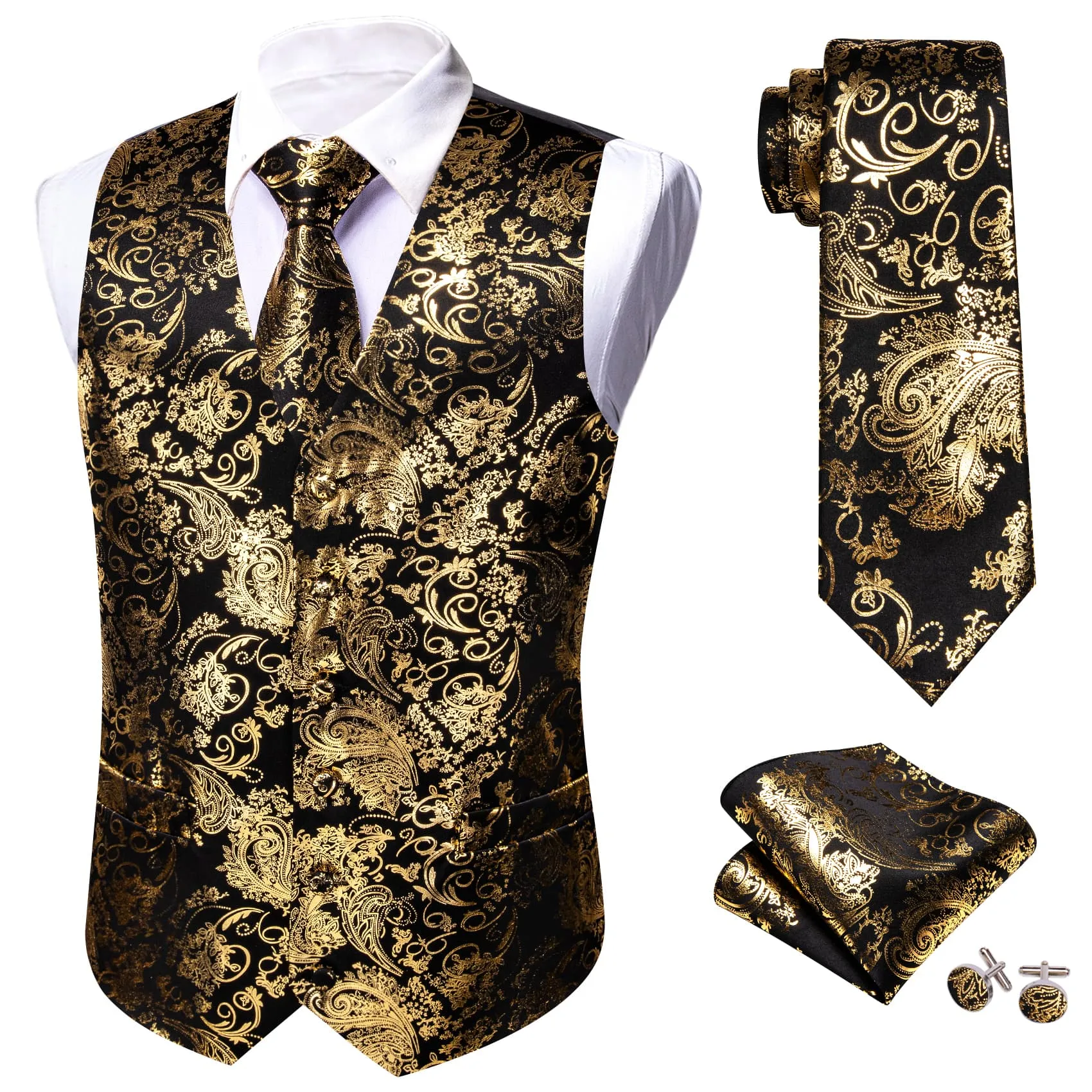 Ties2you Vest for Men Black Gold Floral V Neck Hot Stamping Silk Vest Dress Tie Set