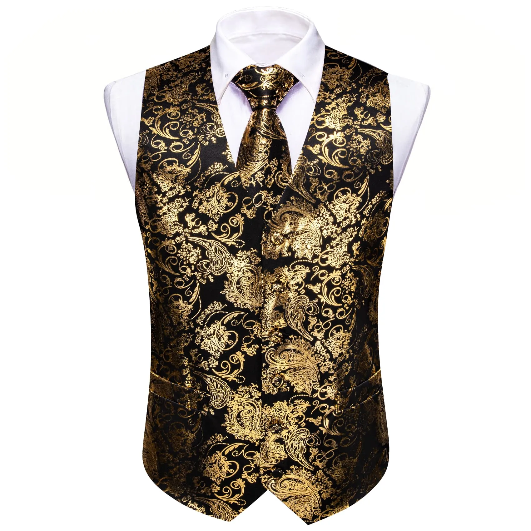 Ties2you Vest for Men Black Gold Floral V Neck Hot Stamping Silk Vest Dress Tie Set