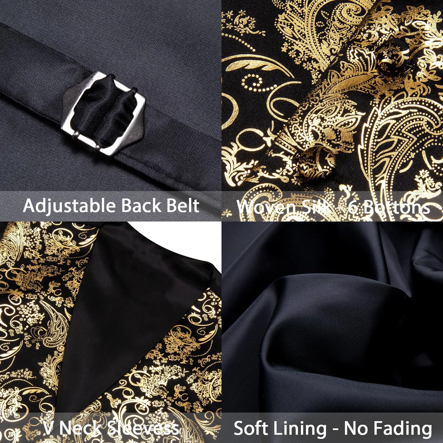 Ties2you Vest for Men Black Gold Floral V Neck Hot Stamping Silk Vest Dress Tie Set